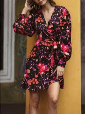 Hutch Sophie Floral Wrap Dress XS Black Multi NWT $275 Long Sleeve Ruffle Hem
